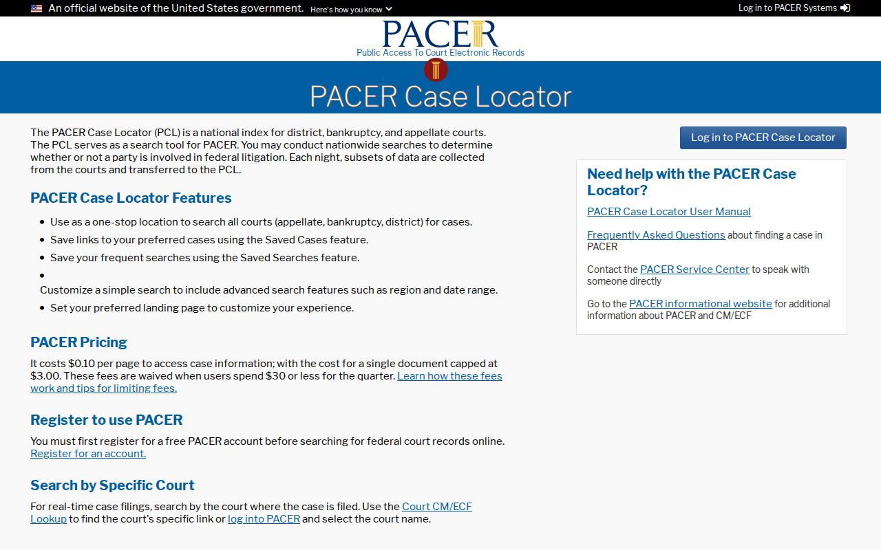 PACER federal case locator
