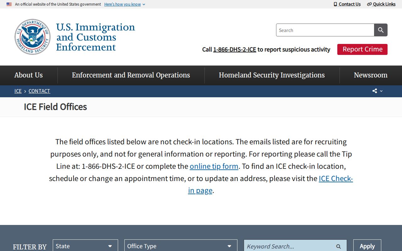 ICE Enforcement and Removal Operations field office directory
