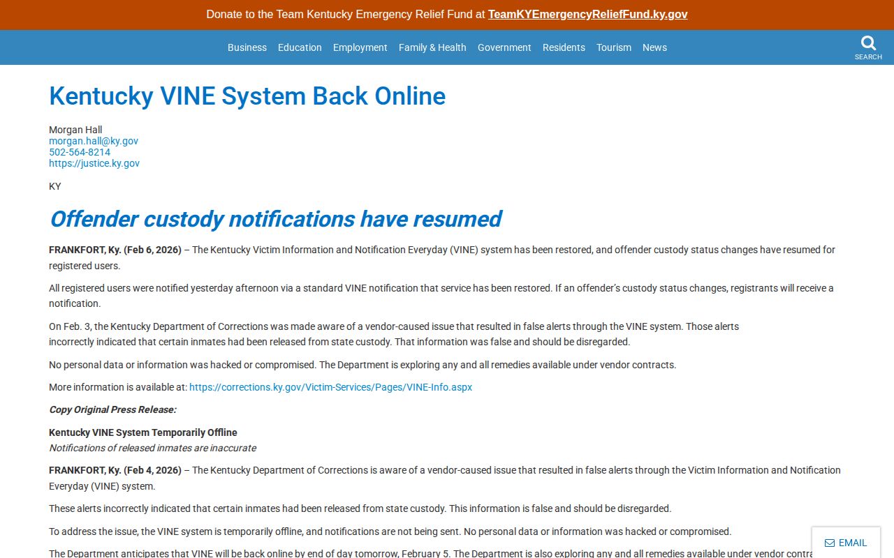 Scott County Kentucky VINE February 2026 false release alert notice