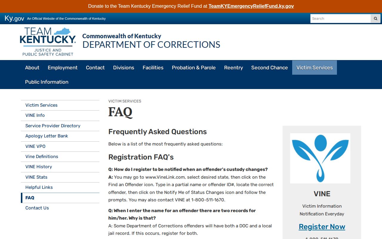Scott County Kentucky VINE duplicate custody record guidance
